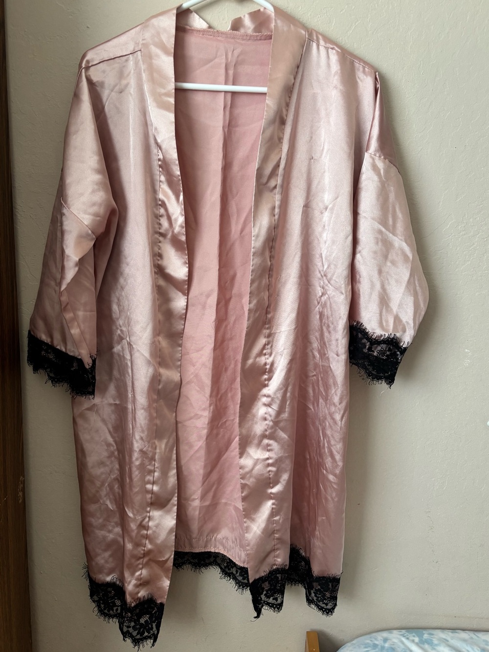 Silky Pink Satin Lace-Trim Robe